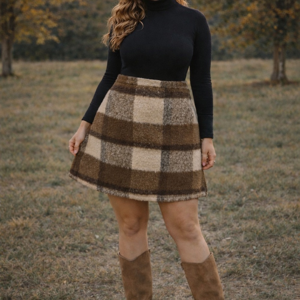 Francesca’s Plaid A-Line Mini Skirt Brown Cream Size L (Fits M)